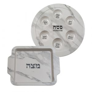 שש0401 סט קערת פסח ומצה במבוק דמוי שיש לבן