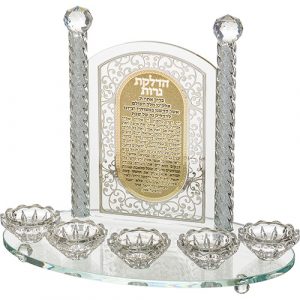 פמוטי קריסטל 5 קנים מהודרים עם פלקטה הדלקת נרות 25 ס"מ