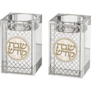 זוג פמוטי קריסטל מרובע עם פלקטה "עיטור" 8 ס"מ