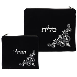 סט טלית תפילין קטיפה כחול כהה עם ריקמה 36*29 ס"מ