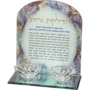 פמוטי זכוכית שיש ורוד עם טקסט זהב