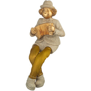 ליצן יושב מפוליריזן עם רגלי בד כסף מנגן באקורדיון