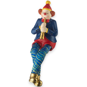 ליצן יושב מפוליריזן צבעוני עם רגלי בד מנגן בקלרינט