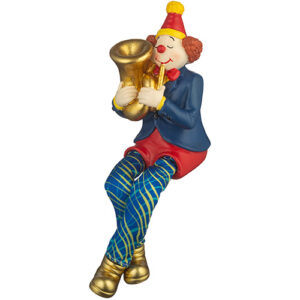 ליצן יושב מפוליריזן צבעוני עם רגלי בד מנגן בטרומבון